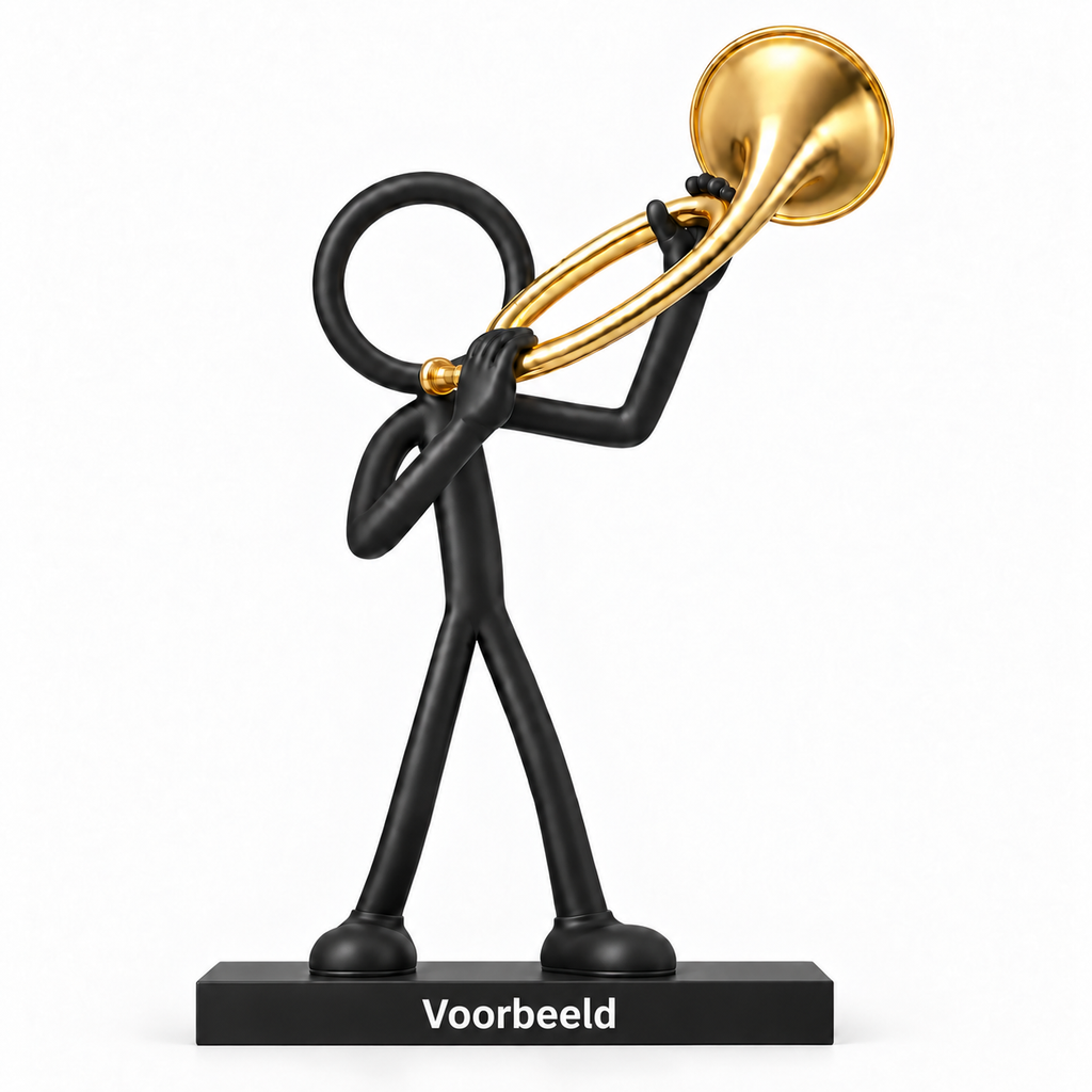 Stickyman Jachthoornspeler met gouden hoorn en voetstuk van 2 cm met voorbeeldtekst