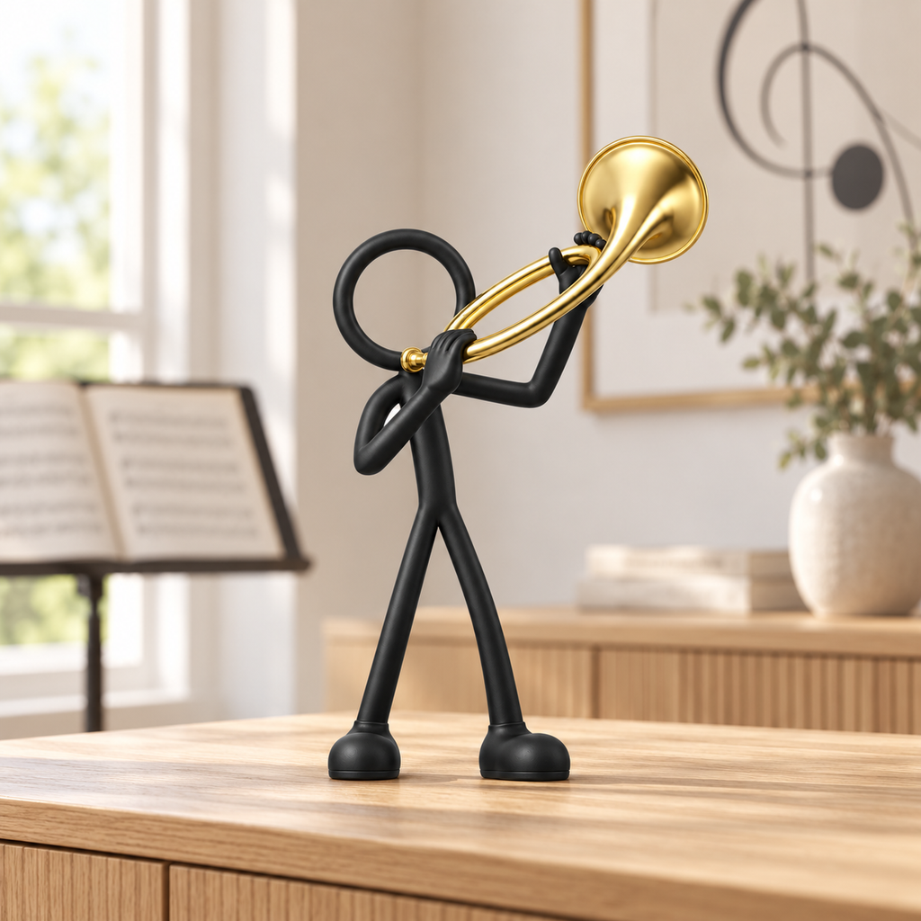 Stickyman Jachthoornspeler met gouden hoorn in Scandinavisch interieur
