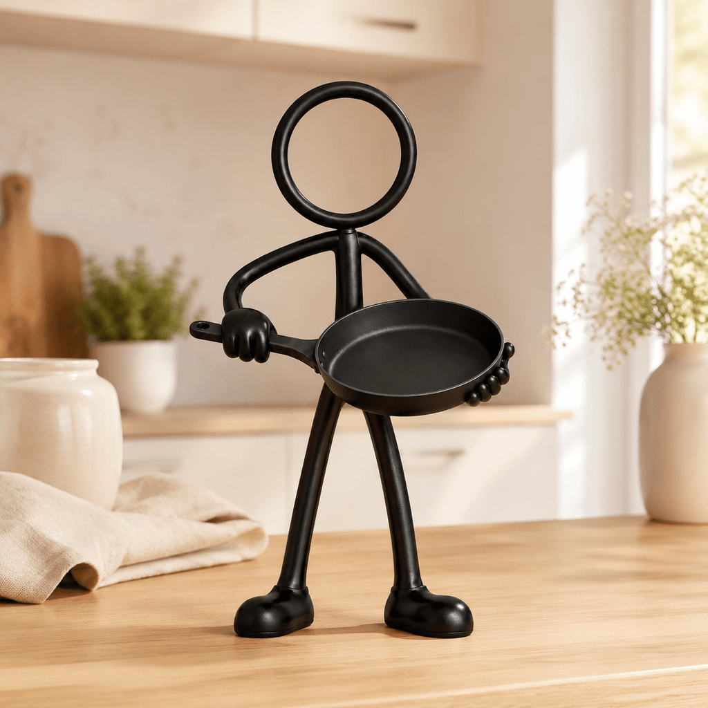 Stickyman kok met lege koekenpan in een lichte Scandinavische keuken