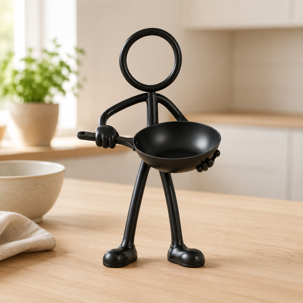Stickyman kok met lege wok in een lichte Scandinavische keuken