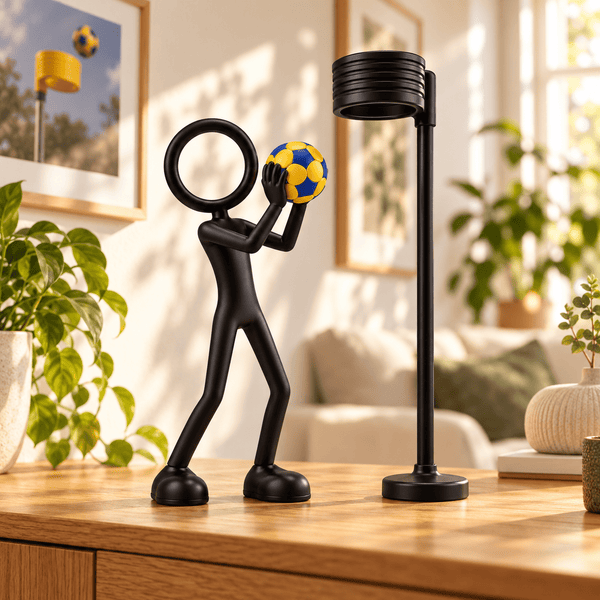 Stickyman korfballer met geel-blauwe bal in warm interieur; korfpaal als sfeerattribuut