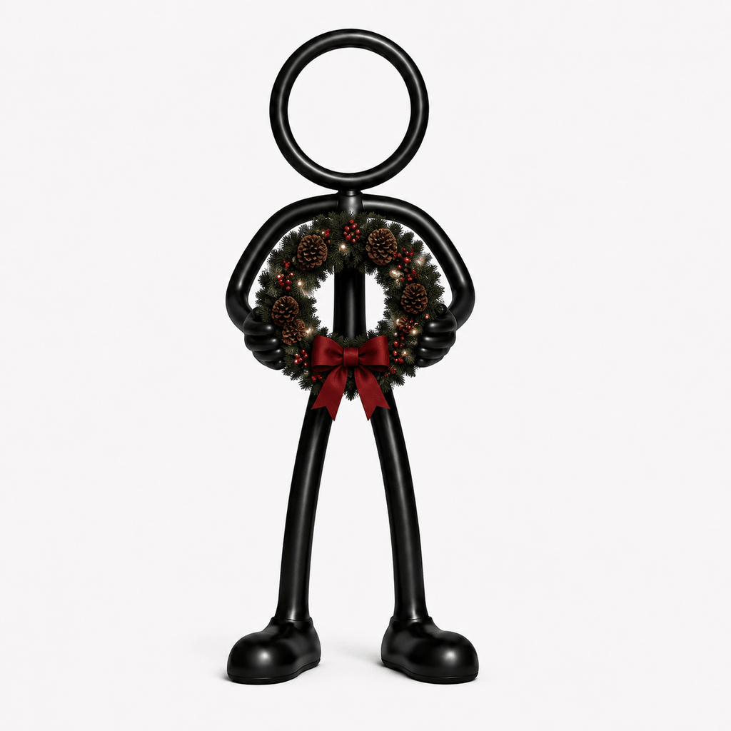 Stickyman met kerstkrans en rode strik op witte achtergrond