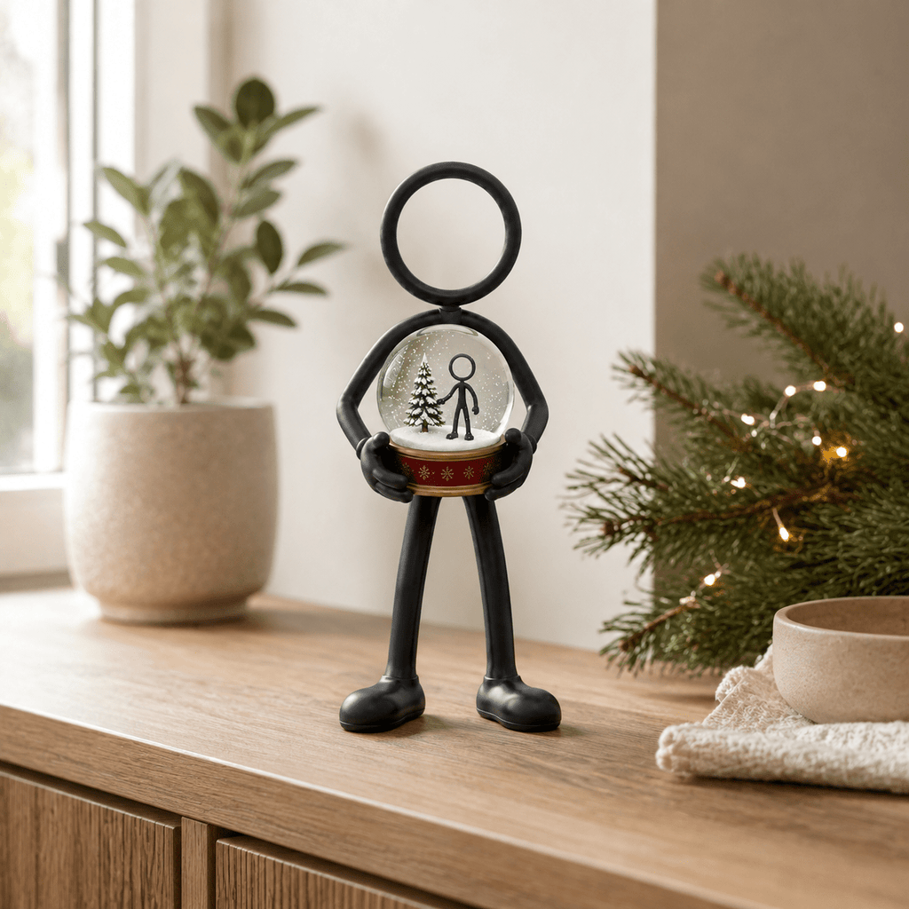 Stickyman met sneeuwbol als winterse decoratie in modern interieur