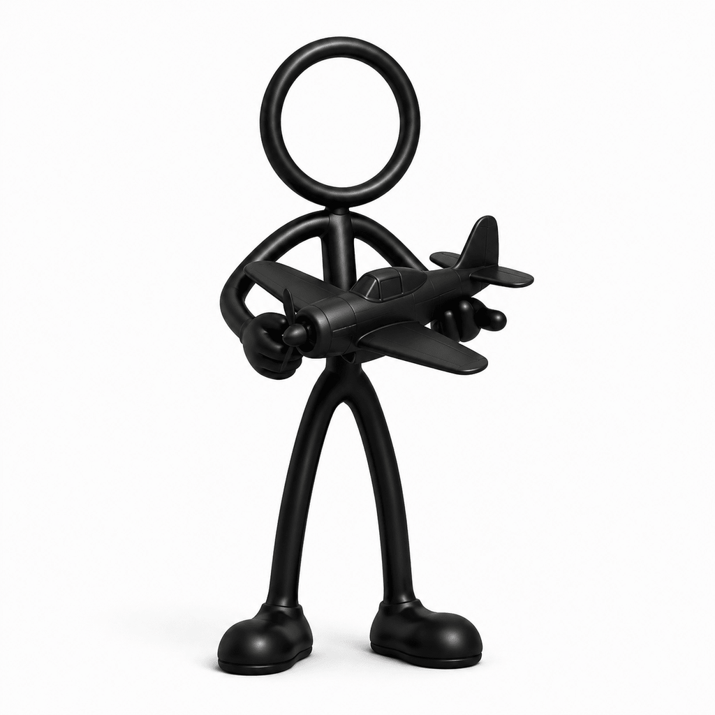 Zwarte Stickyman modelbouwer met modelvliegtuig op witte achtergrond