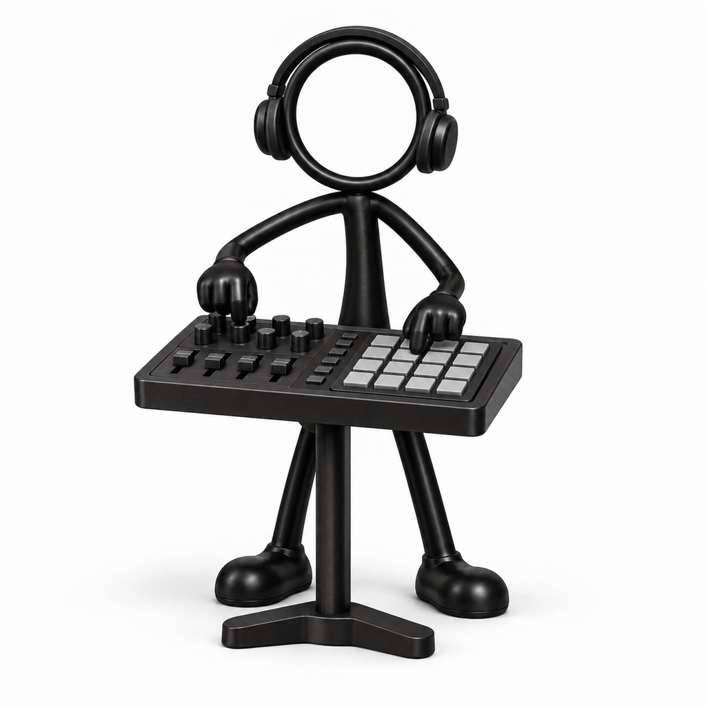 Stickyman muziekproducer op witte achtergrond