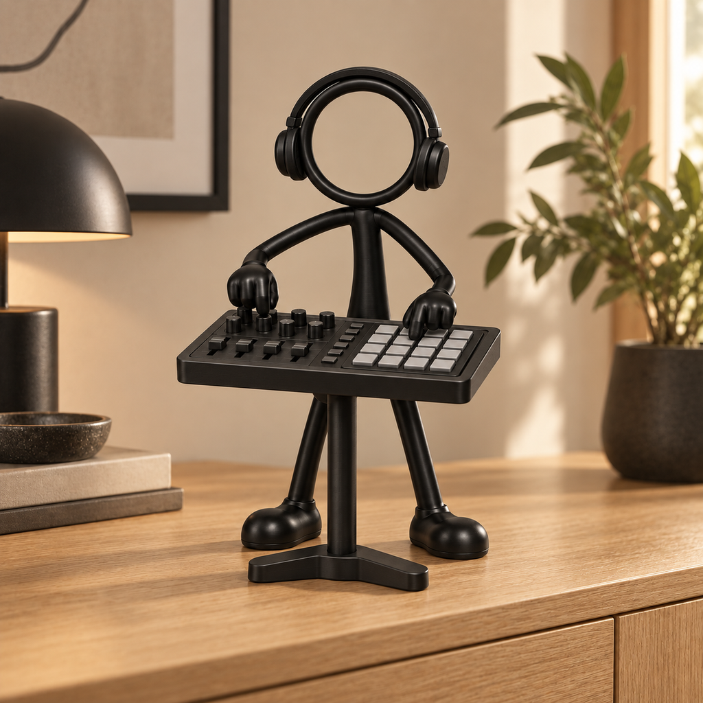 Stickyman muziekproducer in warm interieur