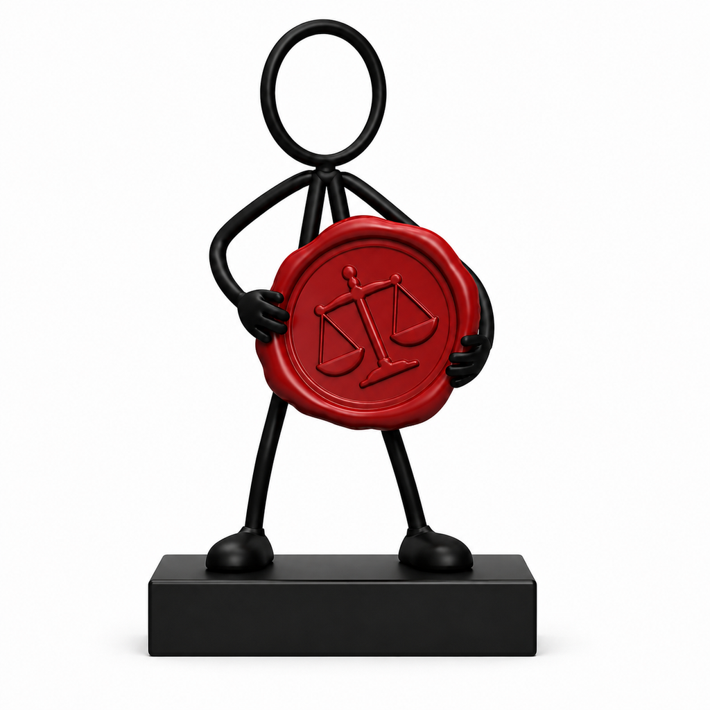 Stickyman notaris met rode zegel op een zwart voetstuk van 2 cm