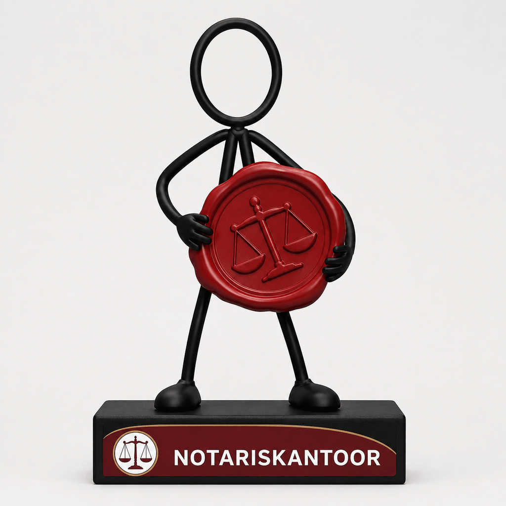 Stickyman notaris met rode zegel op een voetstuk met full-colour logo en tekst