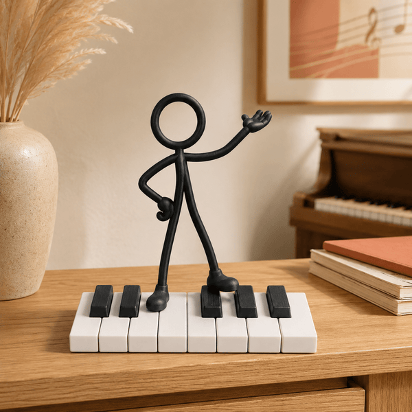 3D-geprinte Stickyman pianist van PLA in een warm muziekinterieur