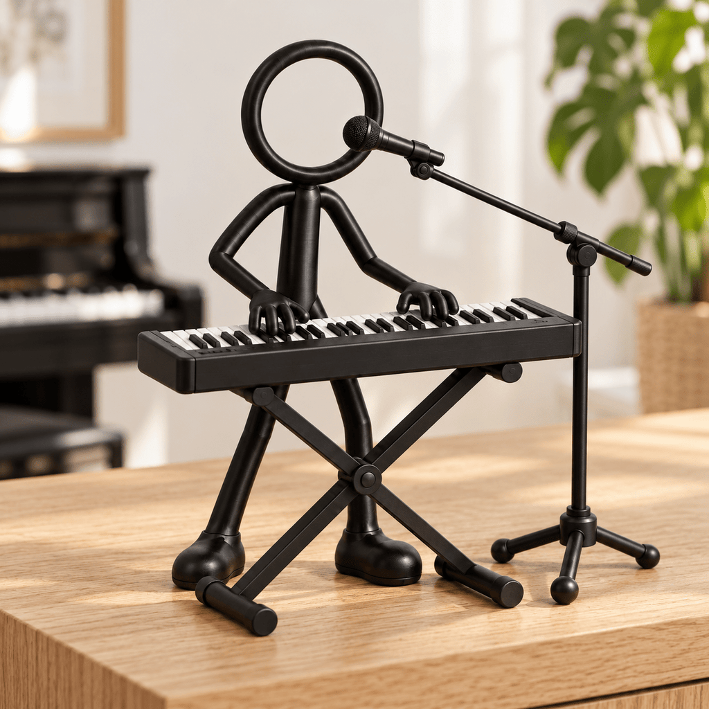 Stickyman pianist met keyboard en microfoon in een lichte muziekruimte