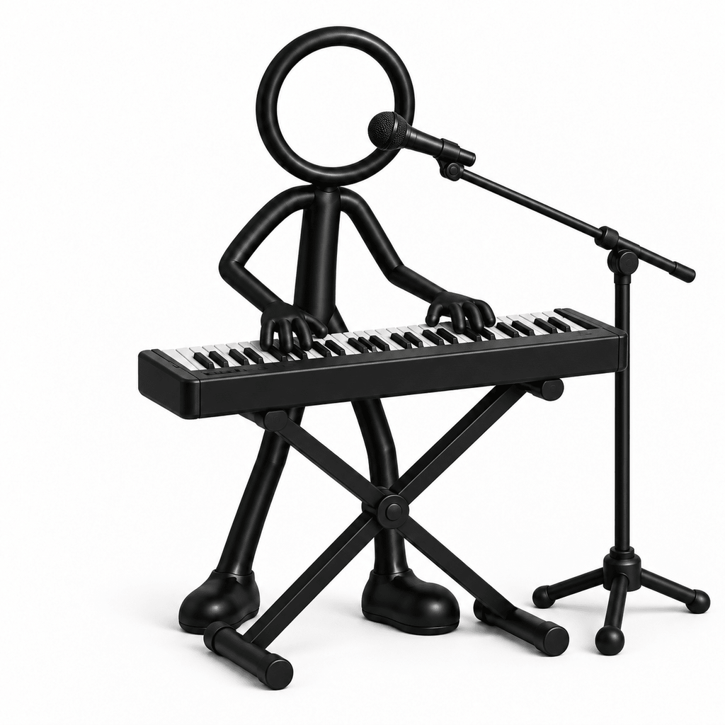 Stickyman pianist met keyboard en microfoon op standaard – zwart, zonder voetstuk