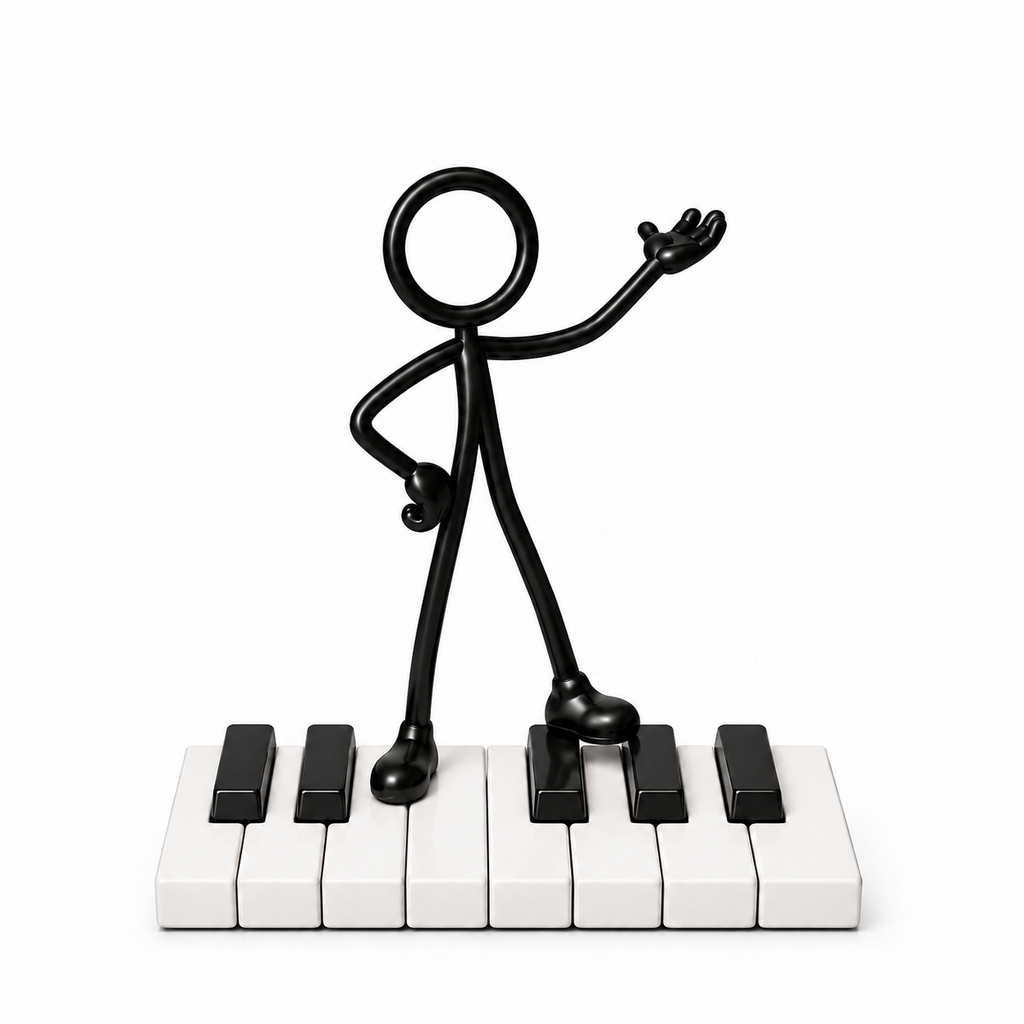 Stickyman pianist op correct zwart-wit pianoklavier