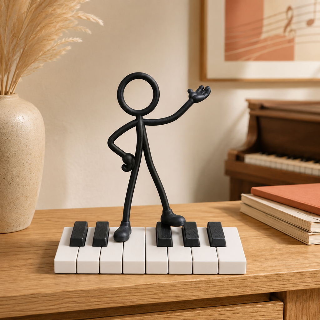 3D-geprinte Stickyman pianist van PLA in een warm muziekinterieur
