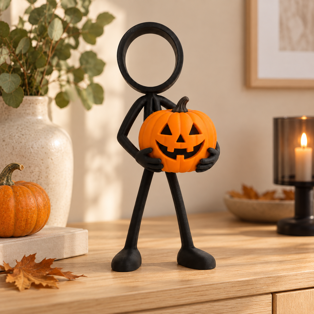Stickyman Pompoendrager als Halloween decoratie in warm interieur