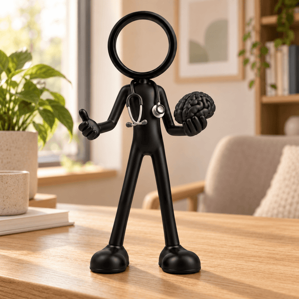 Stickyman psychiater met brein in warme praktijkruimte