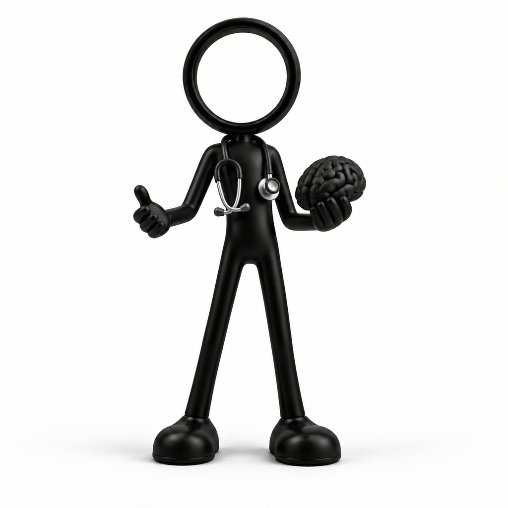 Zwarte Stickyman psychiater met stethoscoop en brein