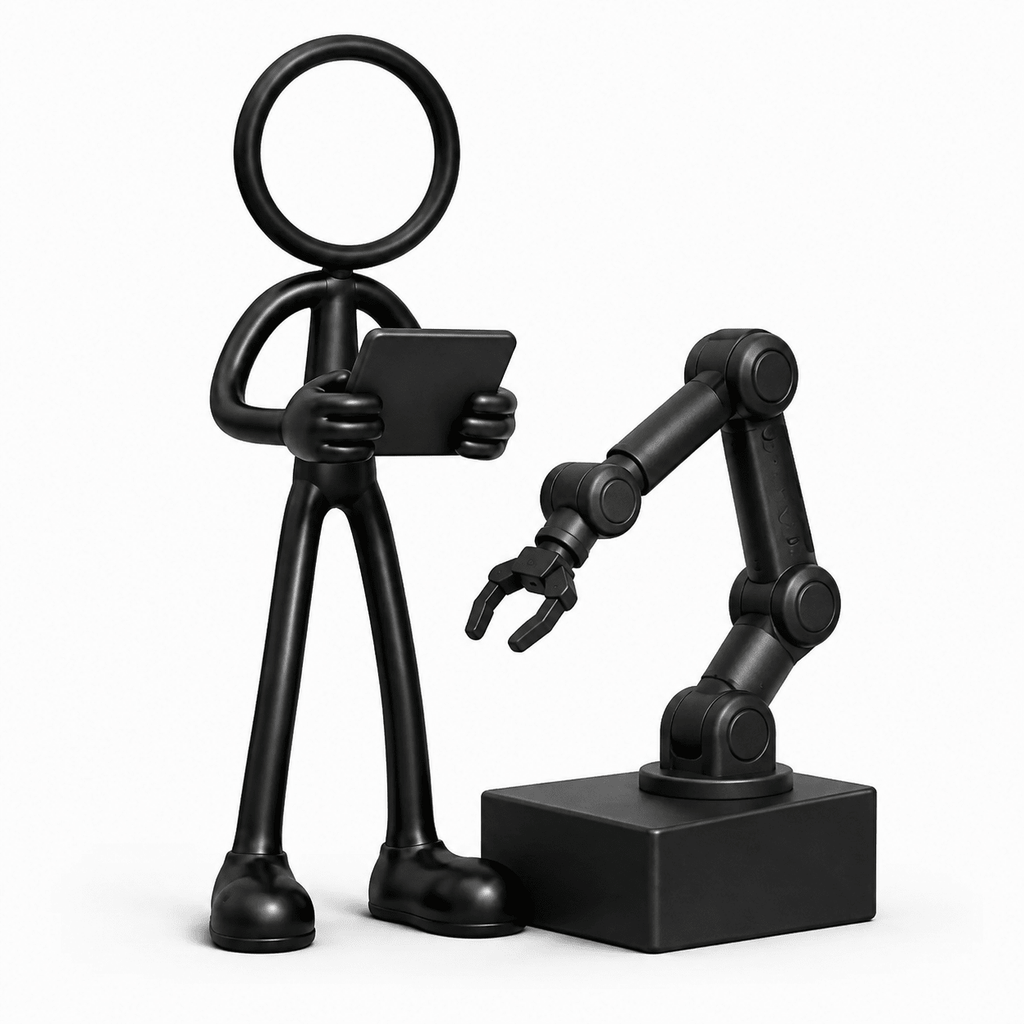 Zwarte Stickyman robotica engineer met tablet en cobot op witte achtergrond