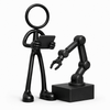 Zwarte Stickyman robotica engineer met tablet en cobot op witte achtergrond