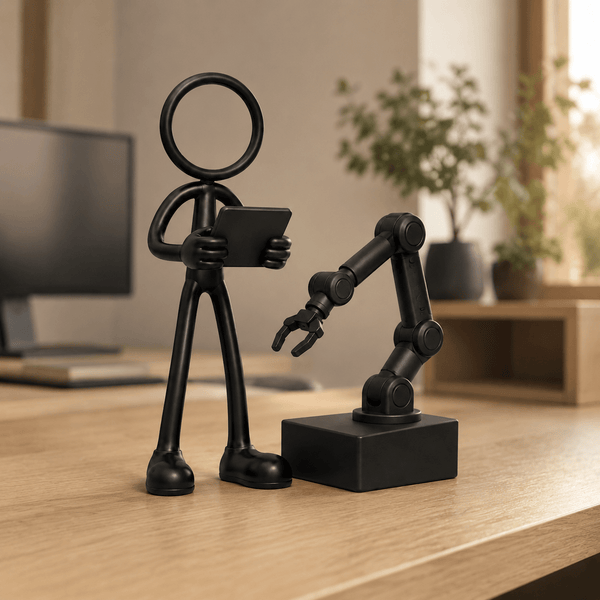 Stickyman robotica engineer met cobot in een moderne ontwerpstudio