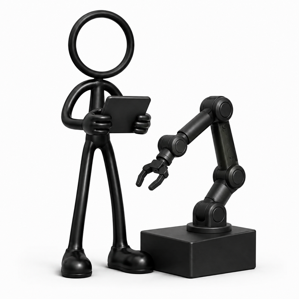 Zwarte Stickyman robotica engineer met tablet en cobot op witte achtergrond