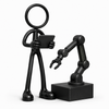 Zwarte Stickyman robotica engineer met tablet en cobot op witte achtergrond