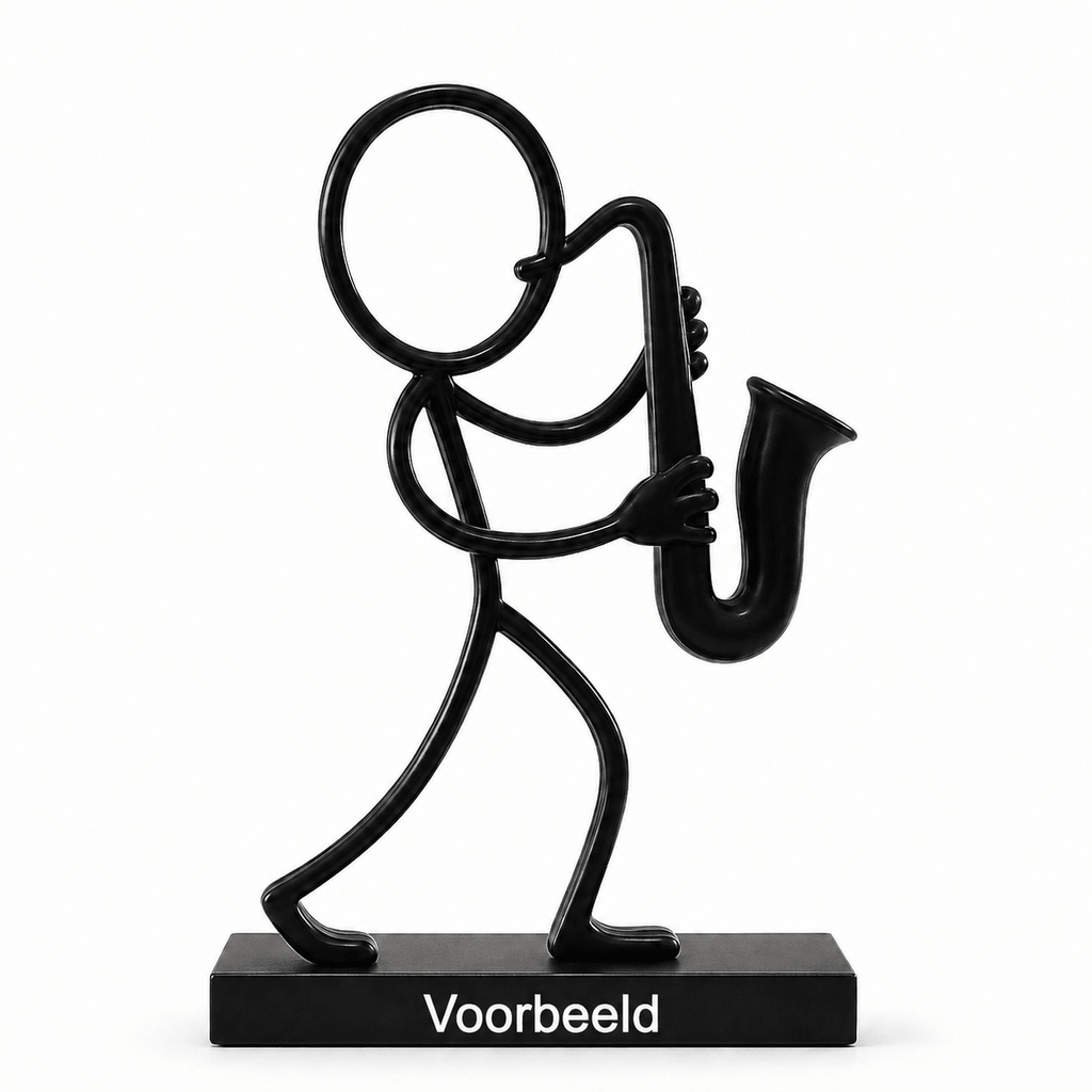 Zwarte Stickyman Saxofonist met 2 cm voetstuk en witte voorbeeldtekst