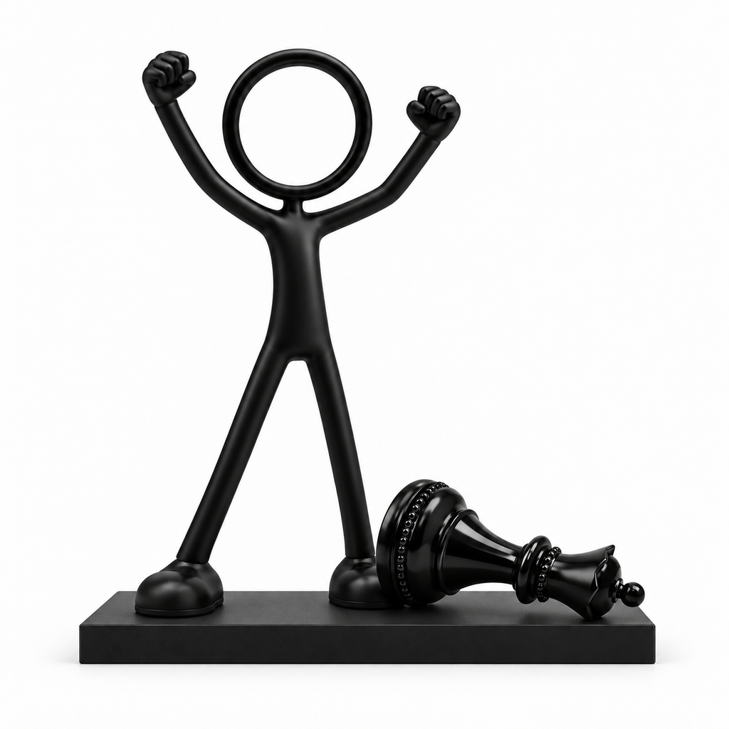 Stickyman Schaakmat met omgevallen koning op een zwart voetstuk van 1 cm