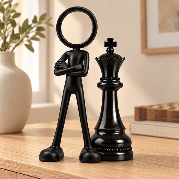 Zwarte Stickyman Schaakmeester met grote schaakkoning in een warm interieur