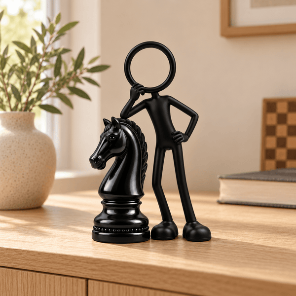 Zwarte Stickyman Schaakstrateeg met groot schaakpaard in een warm interieur