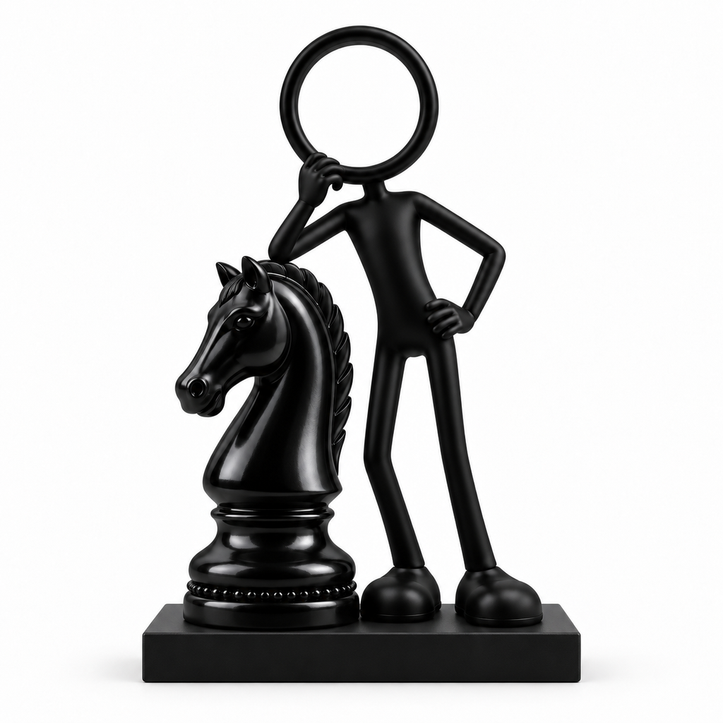 Stickyman Schaakstrateeg met schaakpaard op een zwart voetstuk van 2 cm