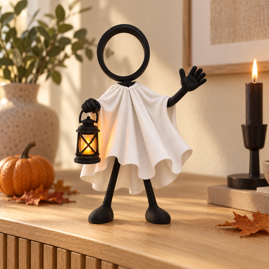 Stickyman Spook met lantaarn als Halloween decoratie in warm interieur
