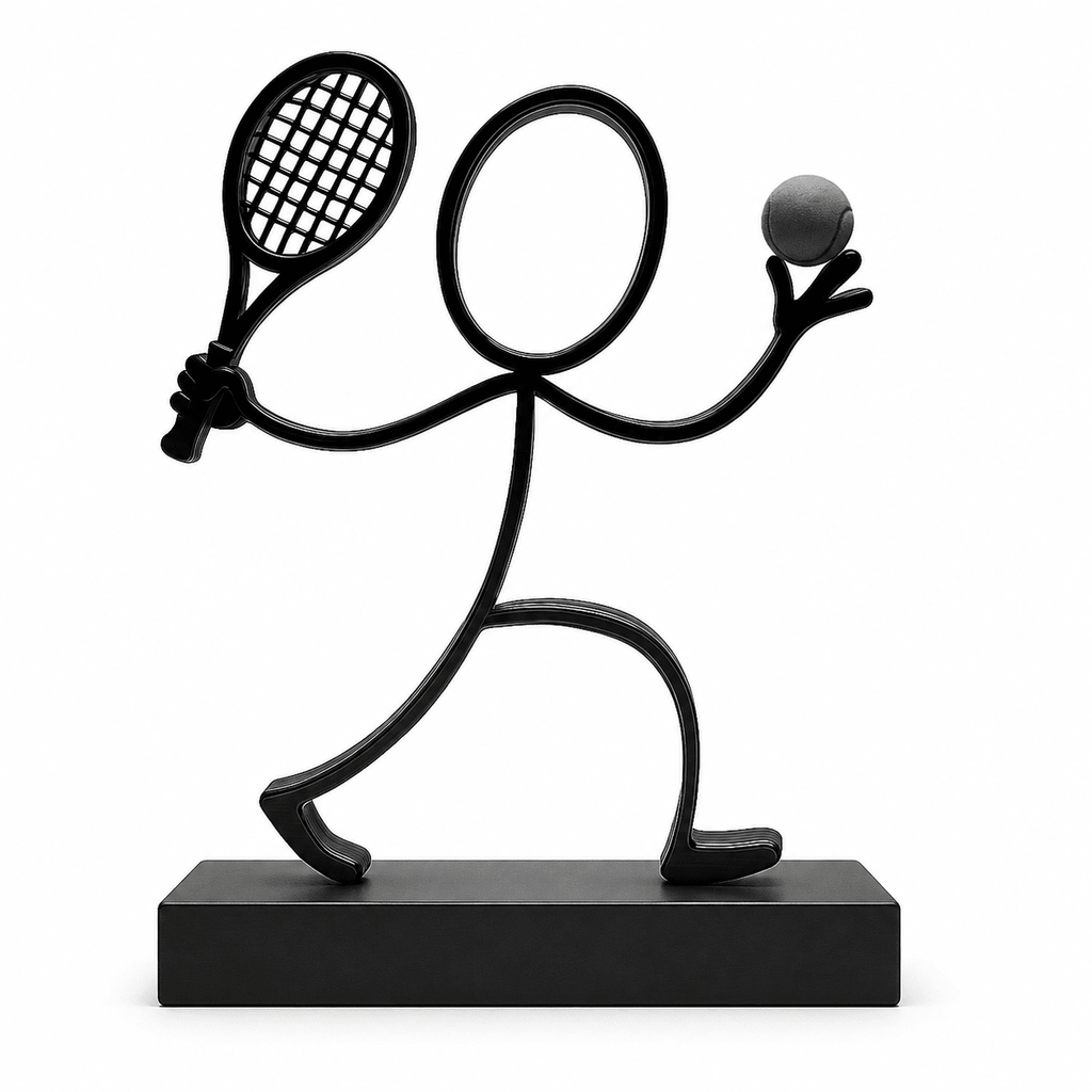 Stickyman Tennisspeler met zwarte bal en rechthoekig voetstuk van 2 cm