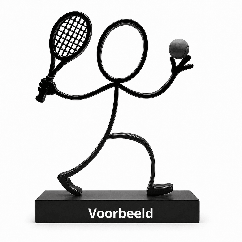 Stickyman Tennisspeler met zwarte bal, 2 cm voetstuk en witte voorbeeldtekst