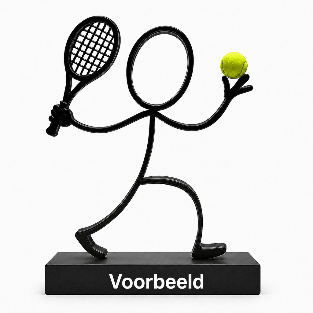 Stickyman Tennisspeler met gele bal, 2 cm voetstuk en witte voorbeeldtekst