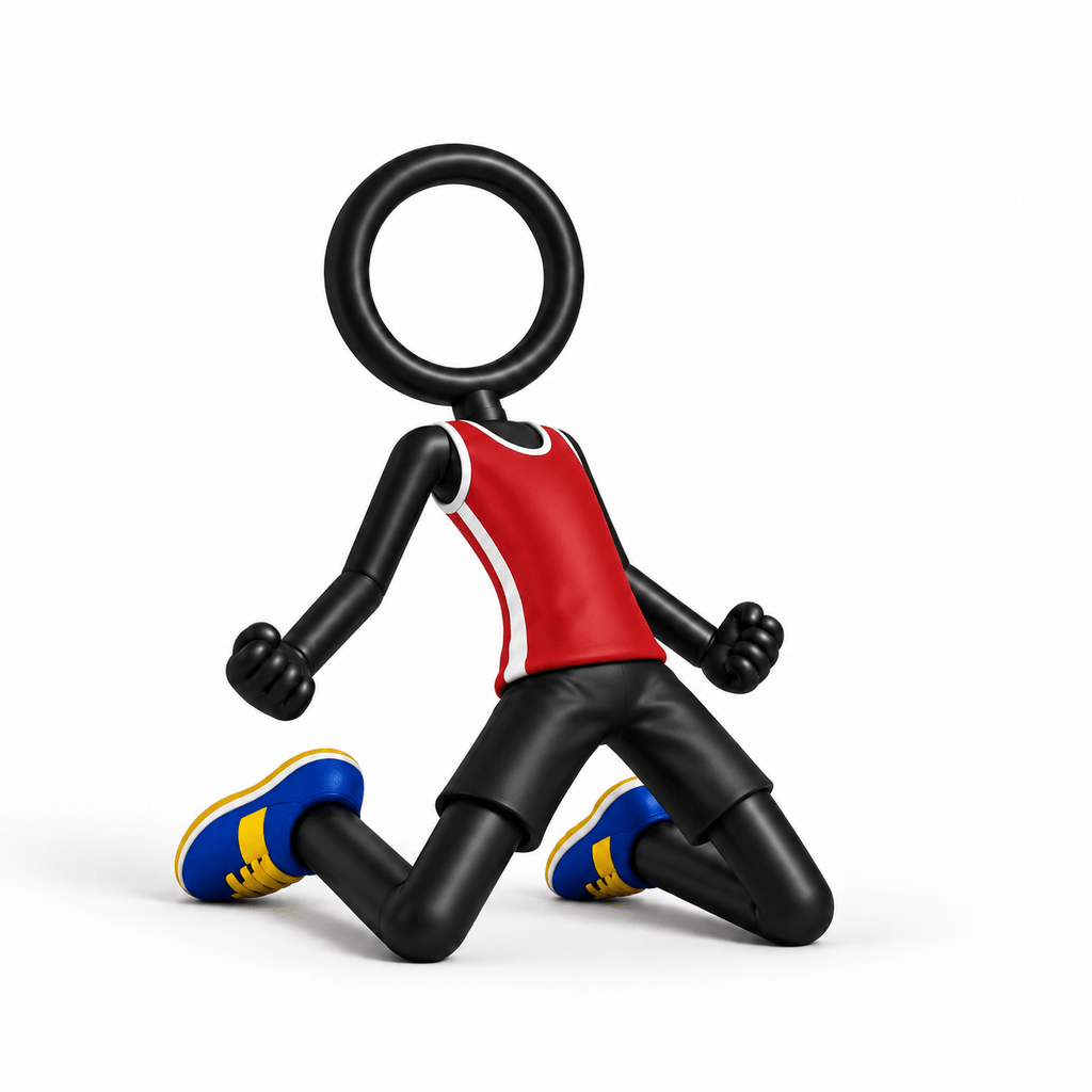 Stickyman voetballer knieschuiver met rood shirt in sterke pose op witte achtergrond
