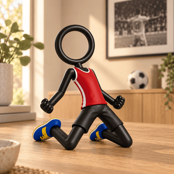 Stickyman voetballer knieschuiver met rood shirt in sterke pose en warm interieur