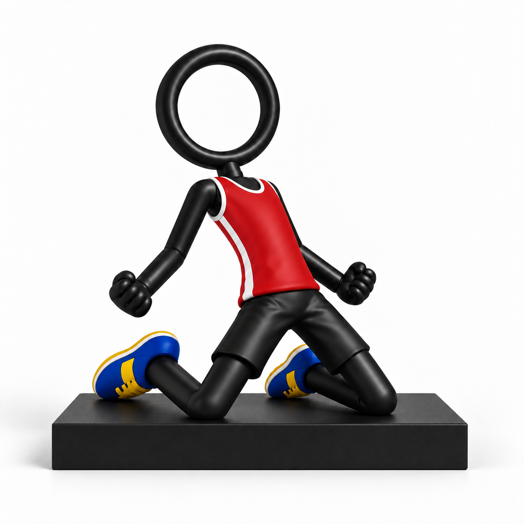 Full-colour Stickyman voetballer knieschuiver van 15 cm met 2 cm voetstuk