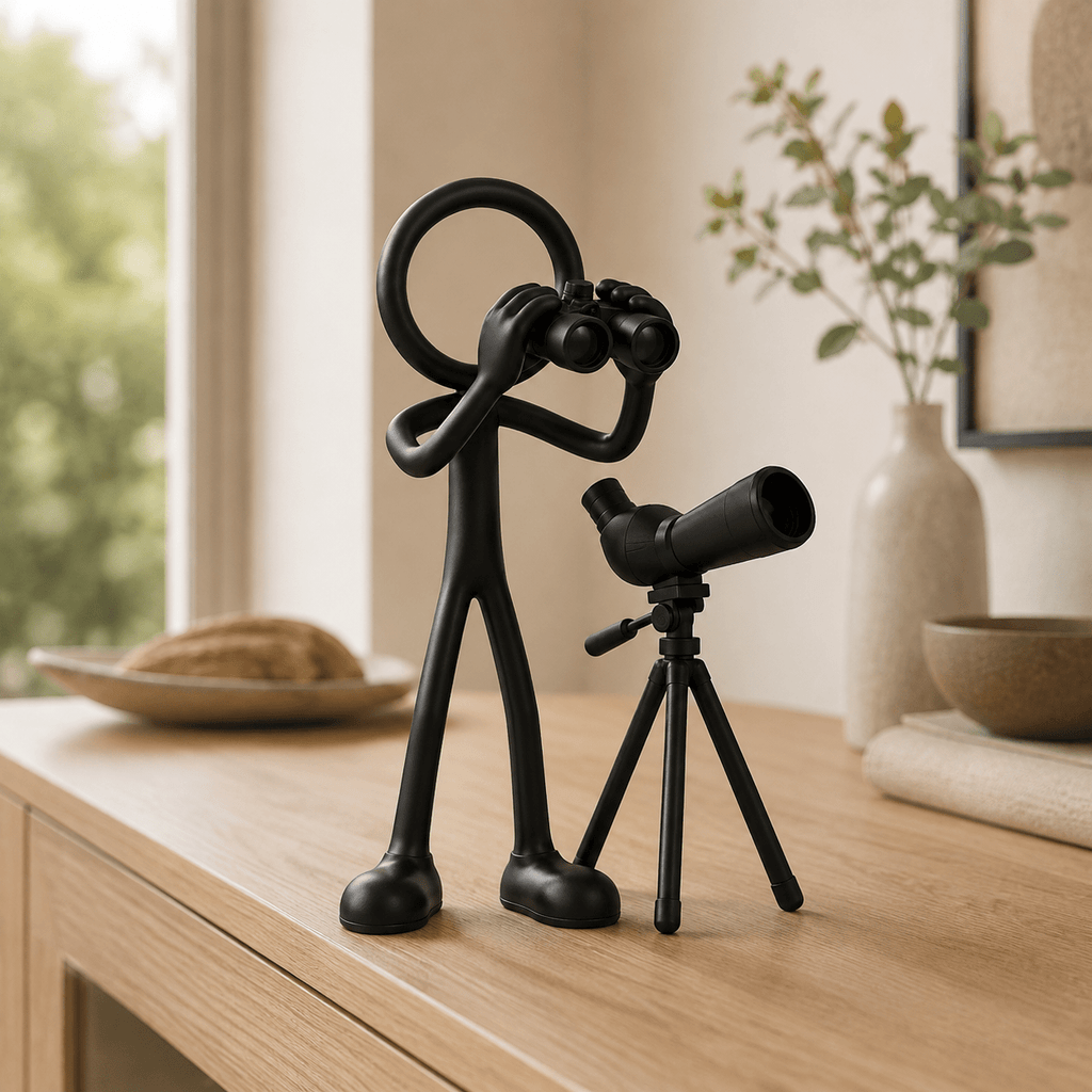Stickyman vogelspotter met telescoop in een licht Scandinavisch interieur