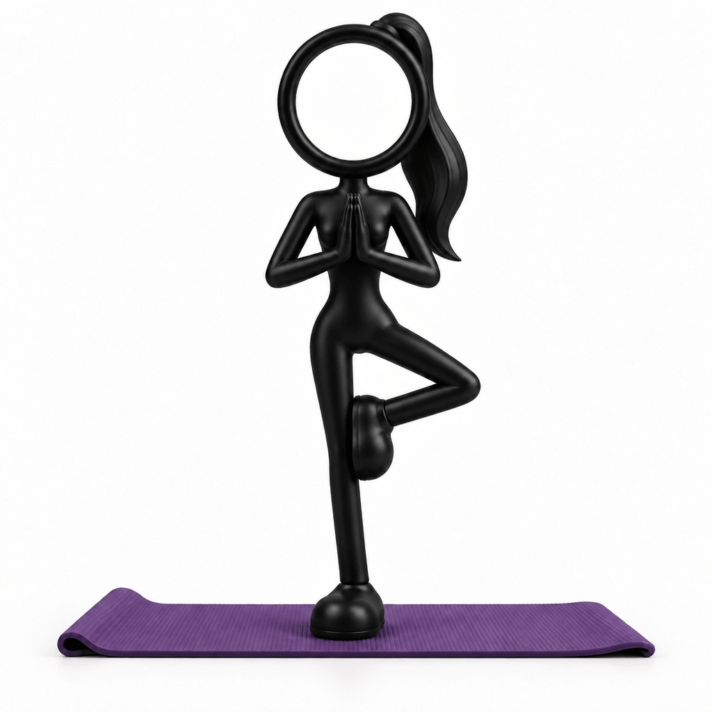 Concept van zwarte vrouwelijke Stickyman in yoga boomhouding tegen witte achtergrond