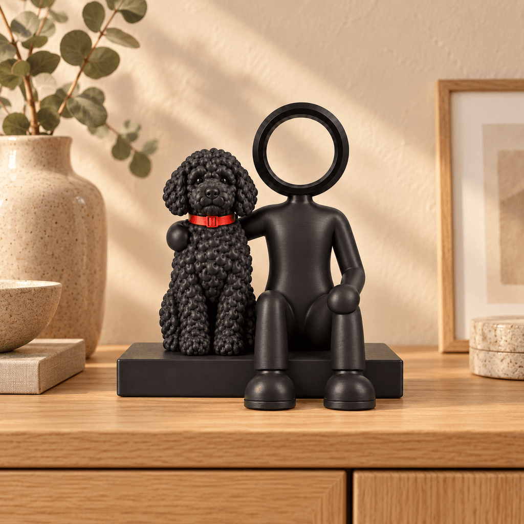 Zittende zwarte Stickyman met hond en rode halsband in een warm interieur.