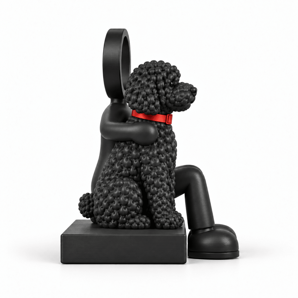 Zijaanzicht vanaf de kant van de hond van de zittende Stickyman-decoratie.