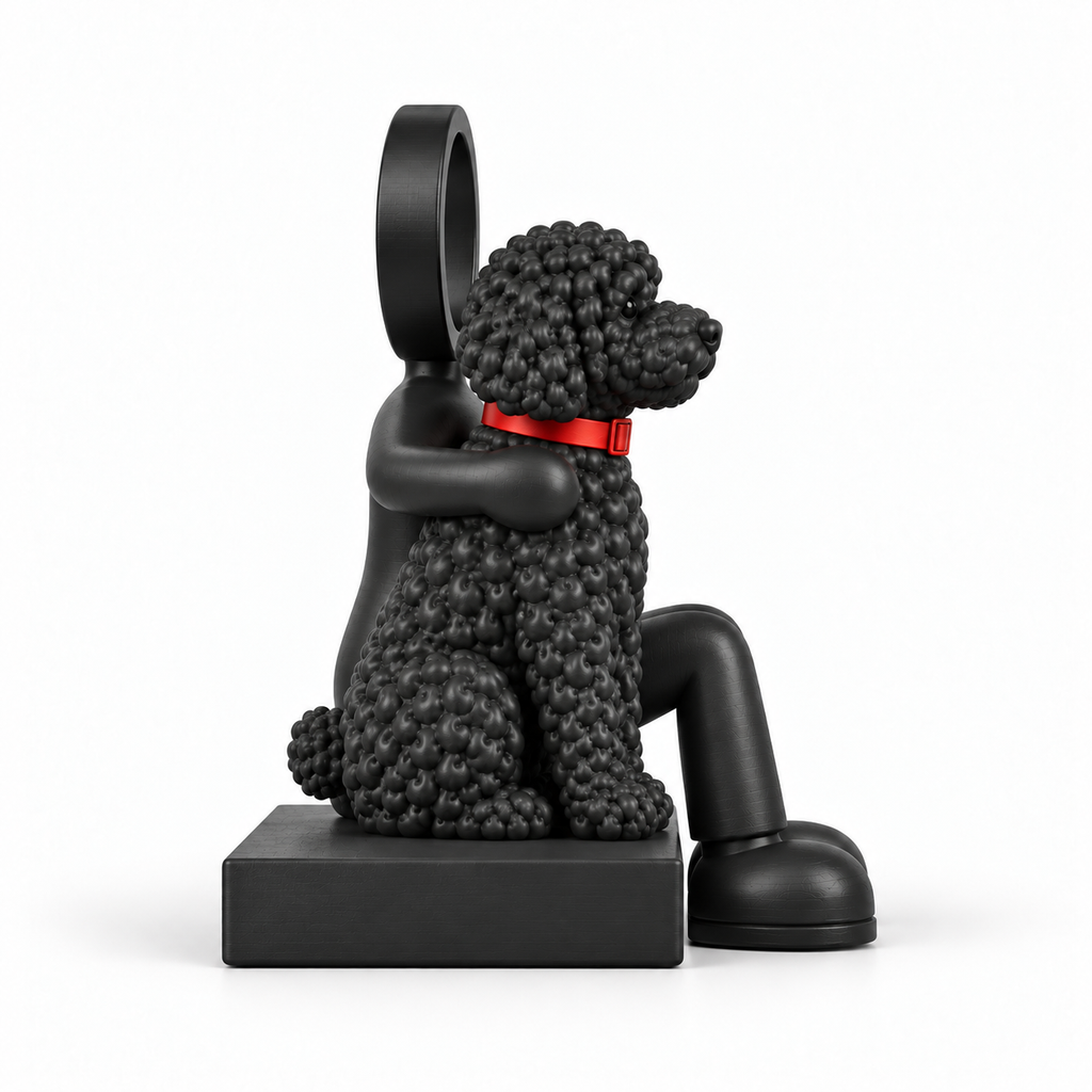 Zijaanzicht vanaf de kant van de hond van de zittende Stickyman-decoratie.